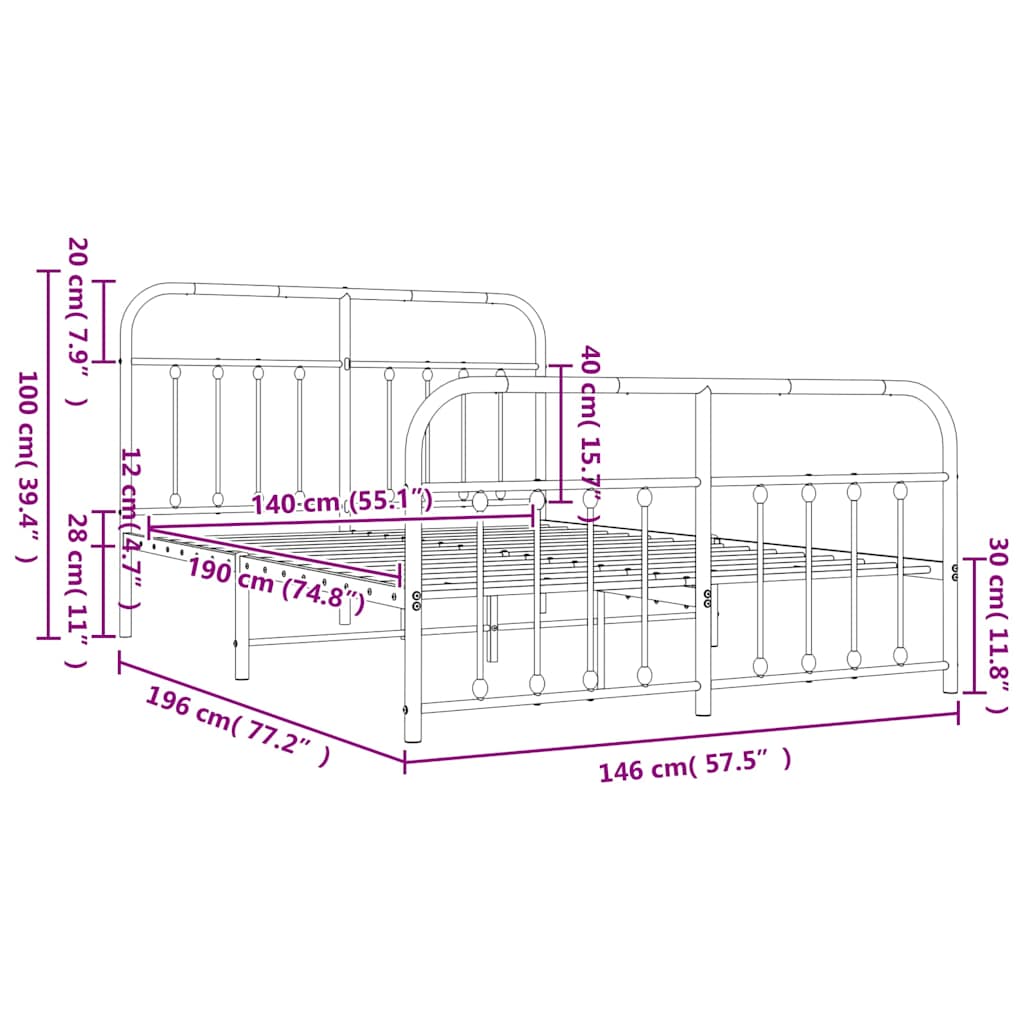 Metal Bed Frame without Mattress with Footboard White 140x190cm