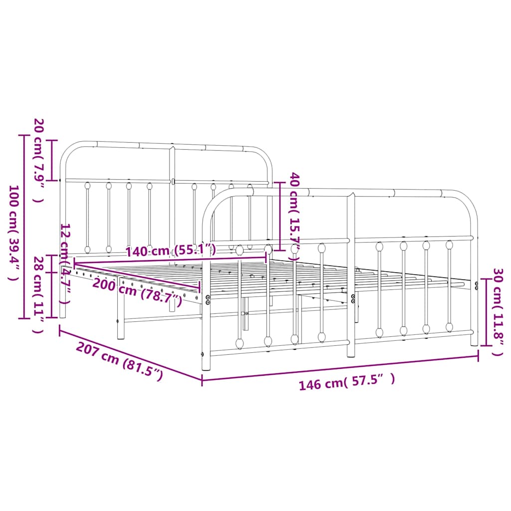 Metal Bed Frame without Mattress with Footboard White 140x200cm