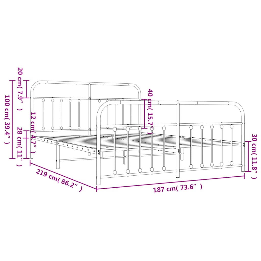 Metal Bed Frame without Mattress with Footboard White 183x213cm