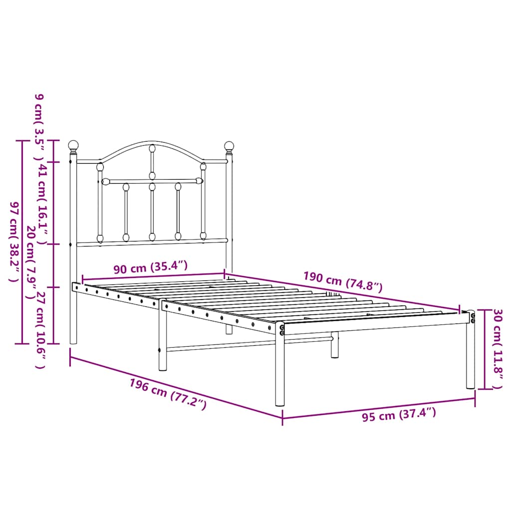 Metal Bed Frame without Mattress with Headboard Black 90x190cm