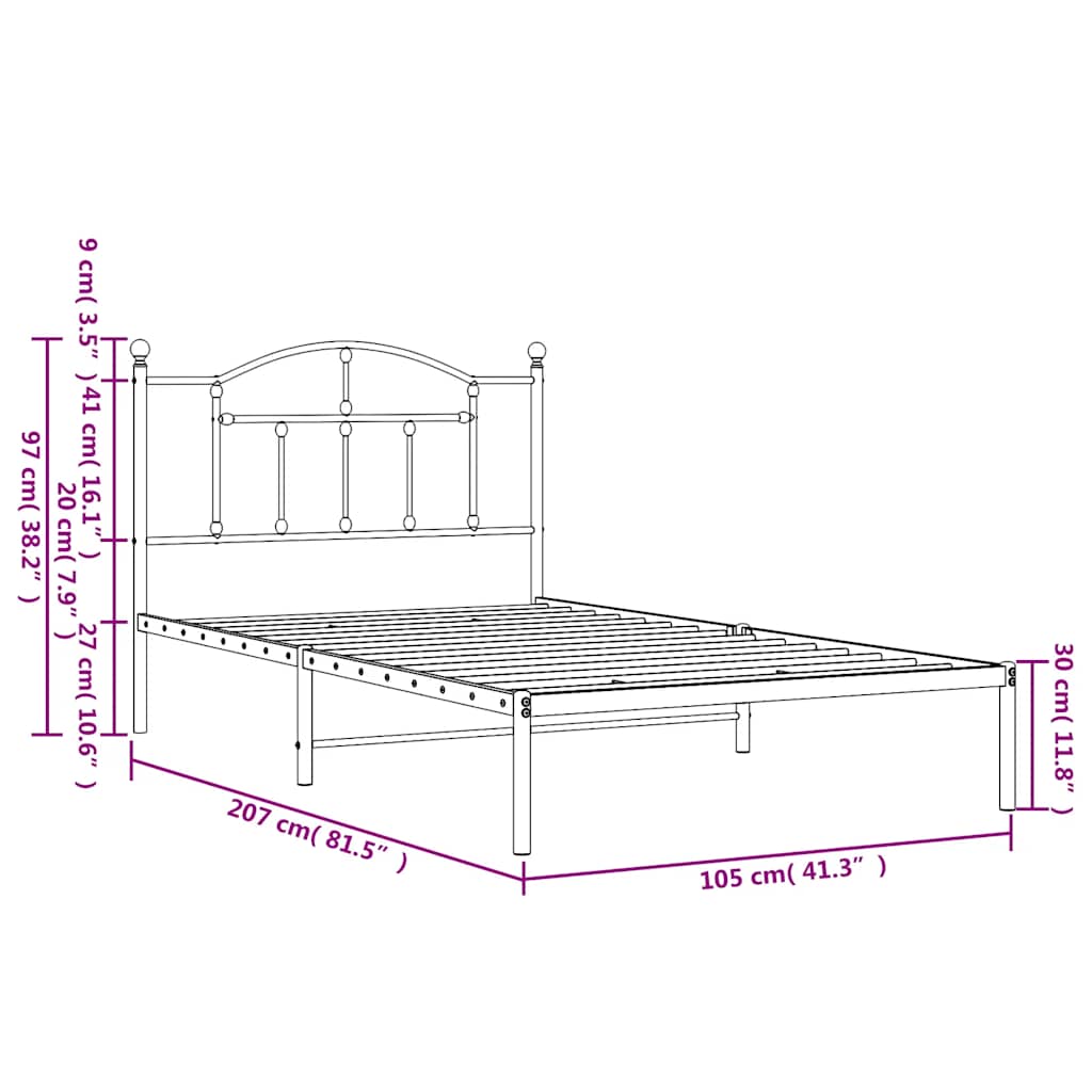 Metal Bed Frame without Mattress with Headboard Black 100x200cm