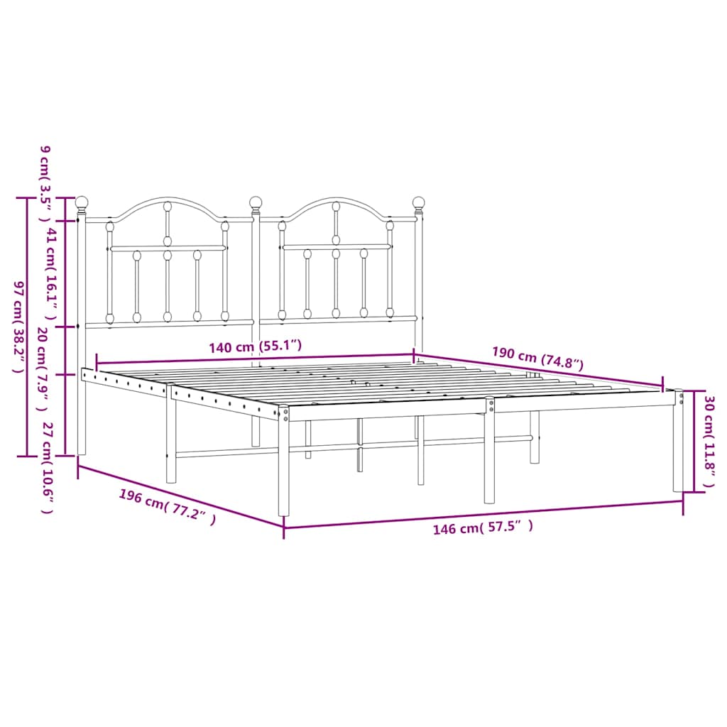 Metal Bed Frame without Mattress with Headboard Black 140x190cm
