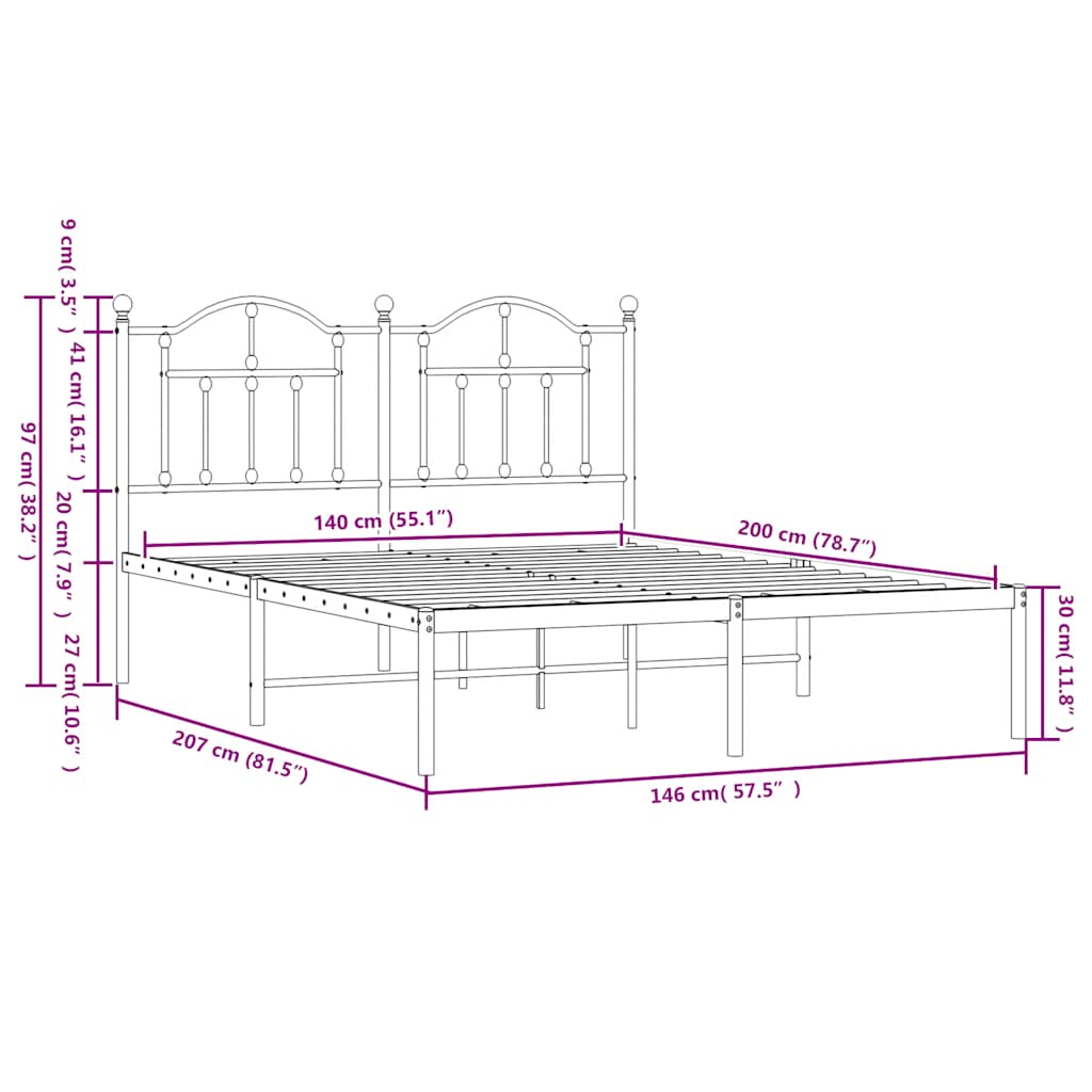 Metal Bed Frame without Mattress with Headboard Black 140x200cm