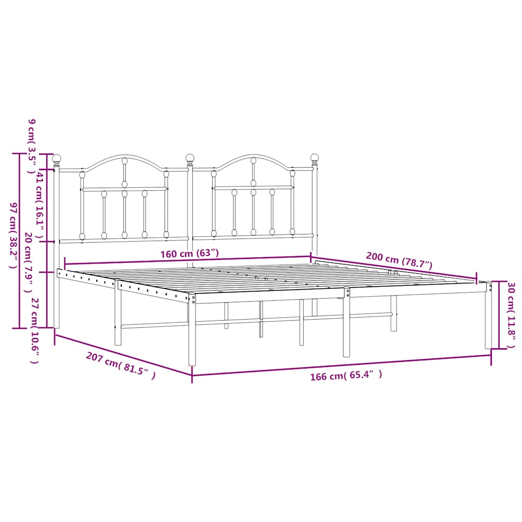 Metal Bed Frame without Mattress with Headboard Black 160x200cm