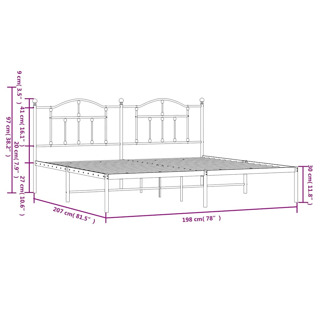 Metal Bed Frame without Mattress with Headboard Black 193x203cm