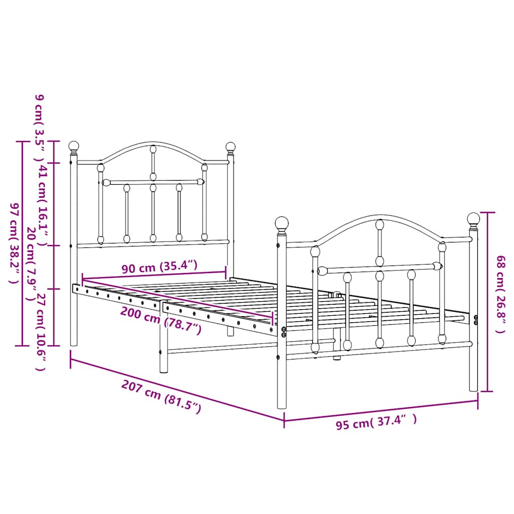 Metal Bed Frame without Mattress with Footboard Black 90x200cm