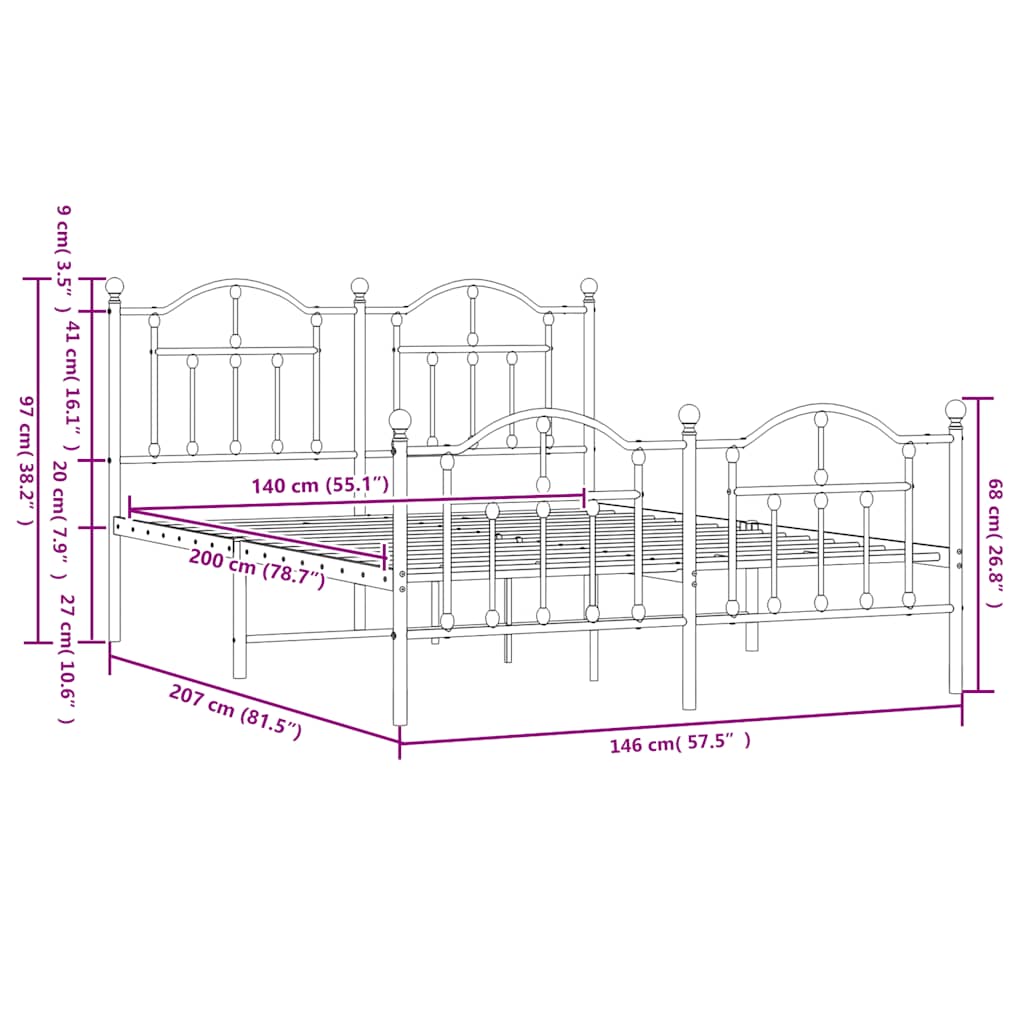 Metal Bed Frame without Mattress with Footboard Black 140x200cm
