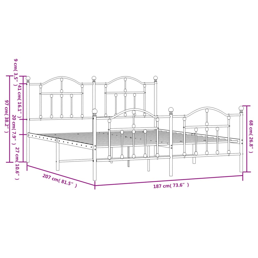 Metal Bed Frame without Mattress with Footboard Black 180x200cm
