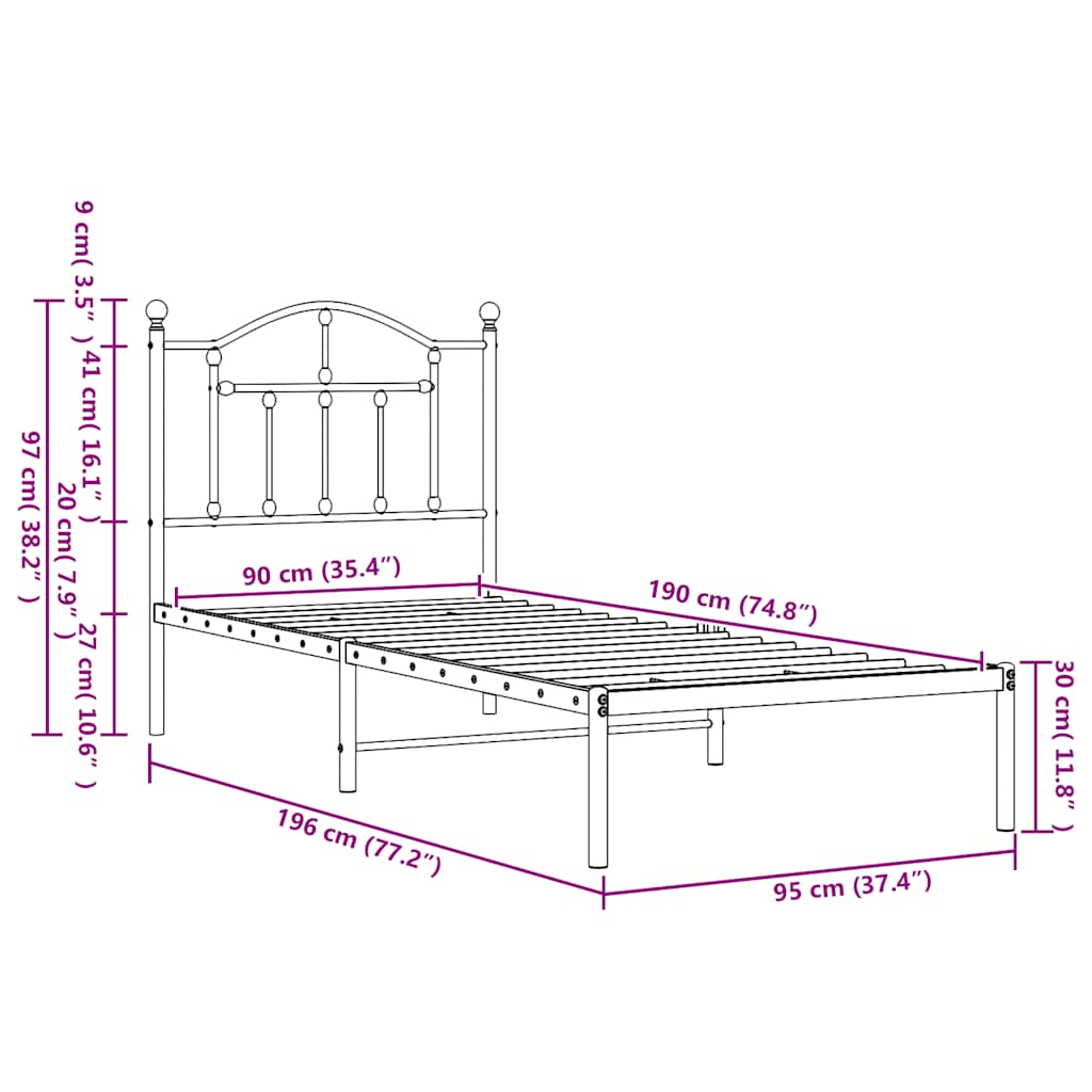 Metal Bed Frame without Mattress with Headboard White 90x190cm