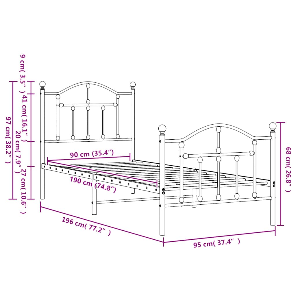 Metal Bed Frame without Mattress with Footboard White 90x190cm