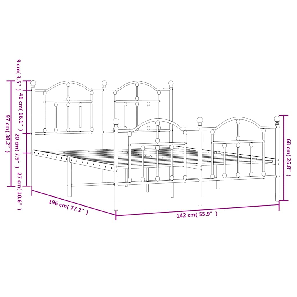 Metal Bed Frame without Mattress with Footboard White 135x190cm