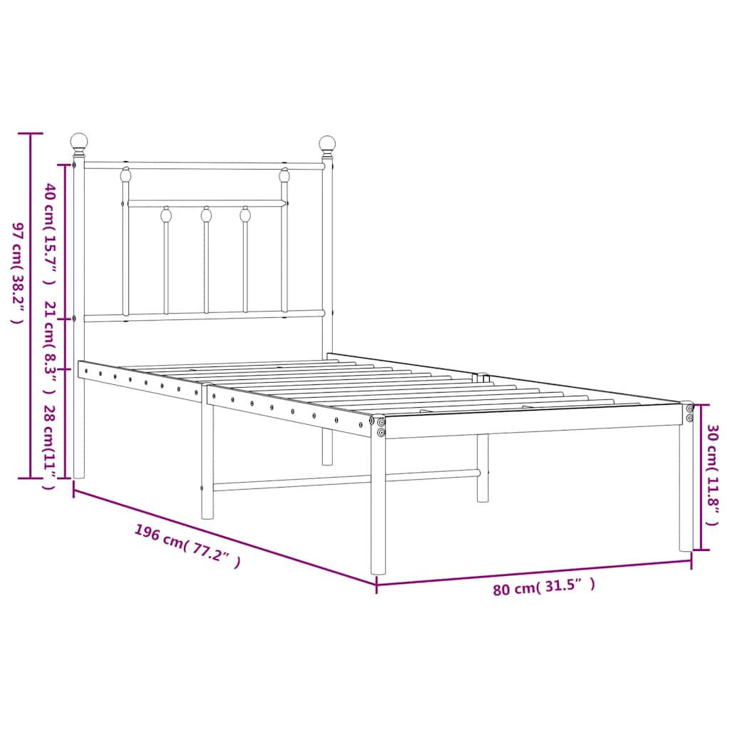 Metal Bed Frame without Mattress with Headboard Black 75x190cm