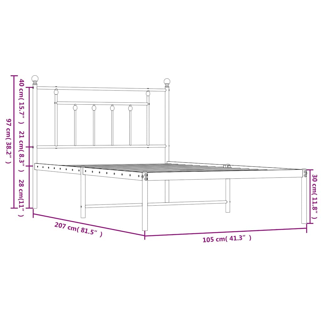 Metal Bed Frame without Mattress with Headboard Black 100x200cm