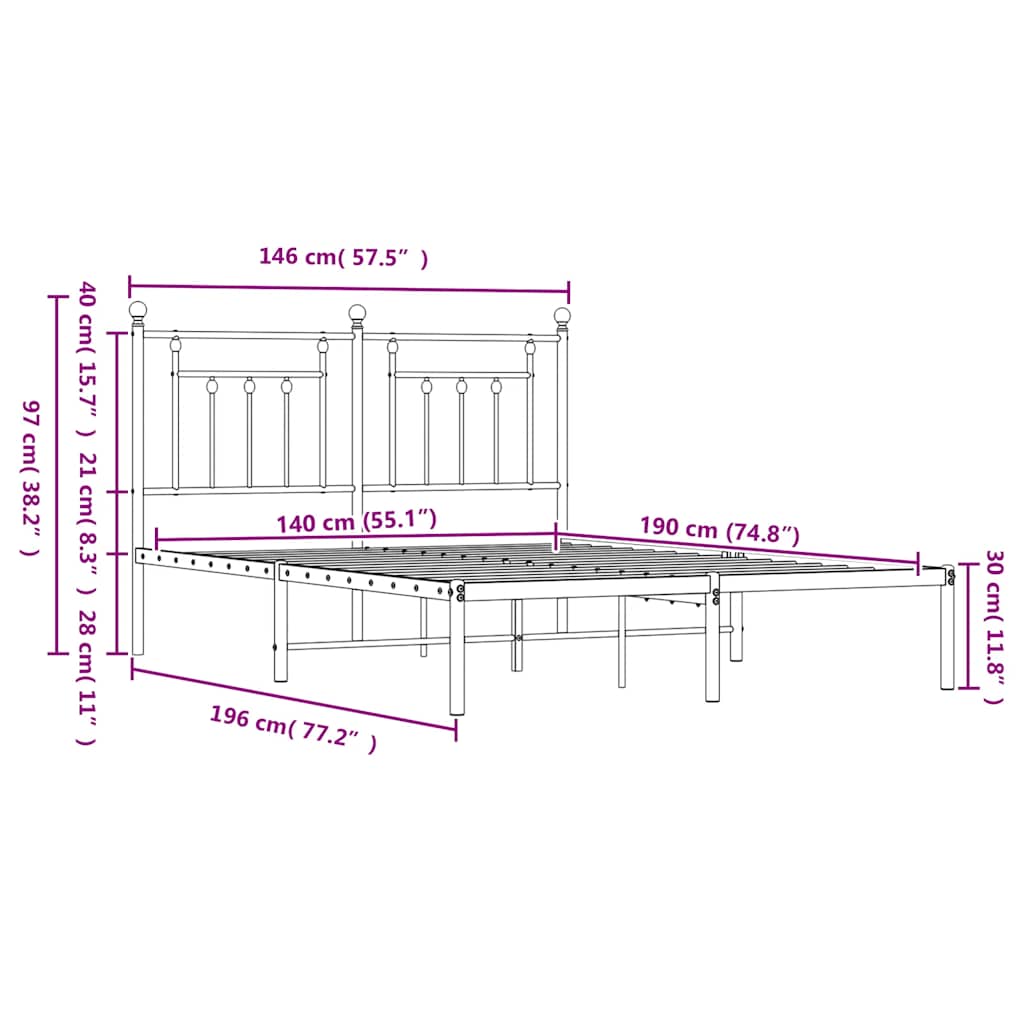 Bed Frame | Black | Steel | 140x190 cm | Bed Frame | Rectangular