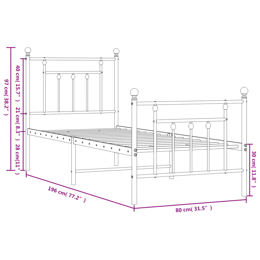 Metal Bed Frame without Mattress with Footboard Black 75x190cm