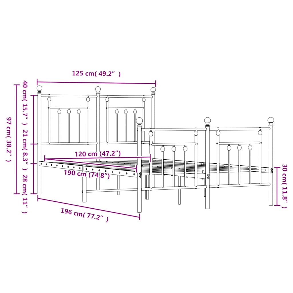 Metal Bed Frame without Mattress with Footboard Black 120x190cm