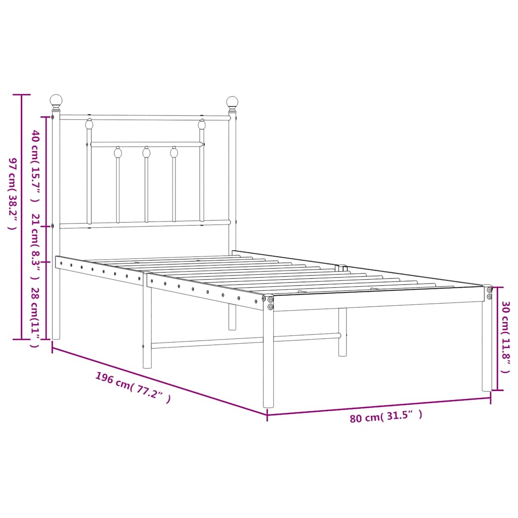 Metal Bed Frame without Mattress with Headboard White 75x190cm