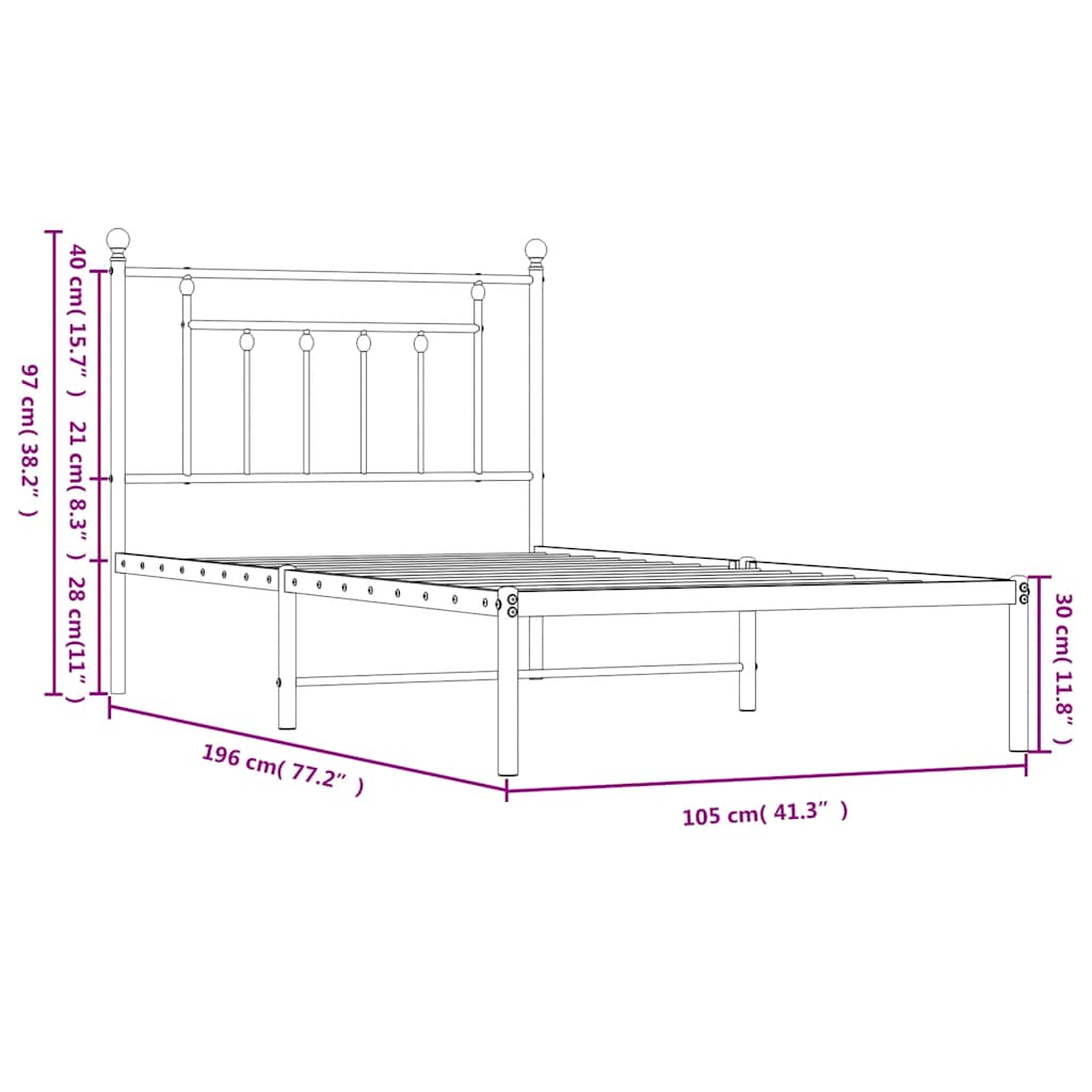 Metal Bed Frame without Mattress with Headboard White 100x190cm