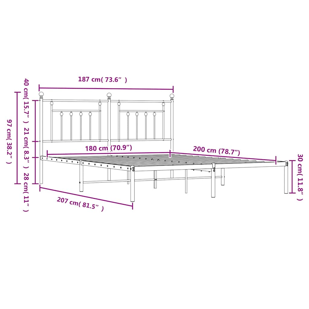 Metal Bed Frame without Mattress with Headboard White 180x200cm