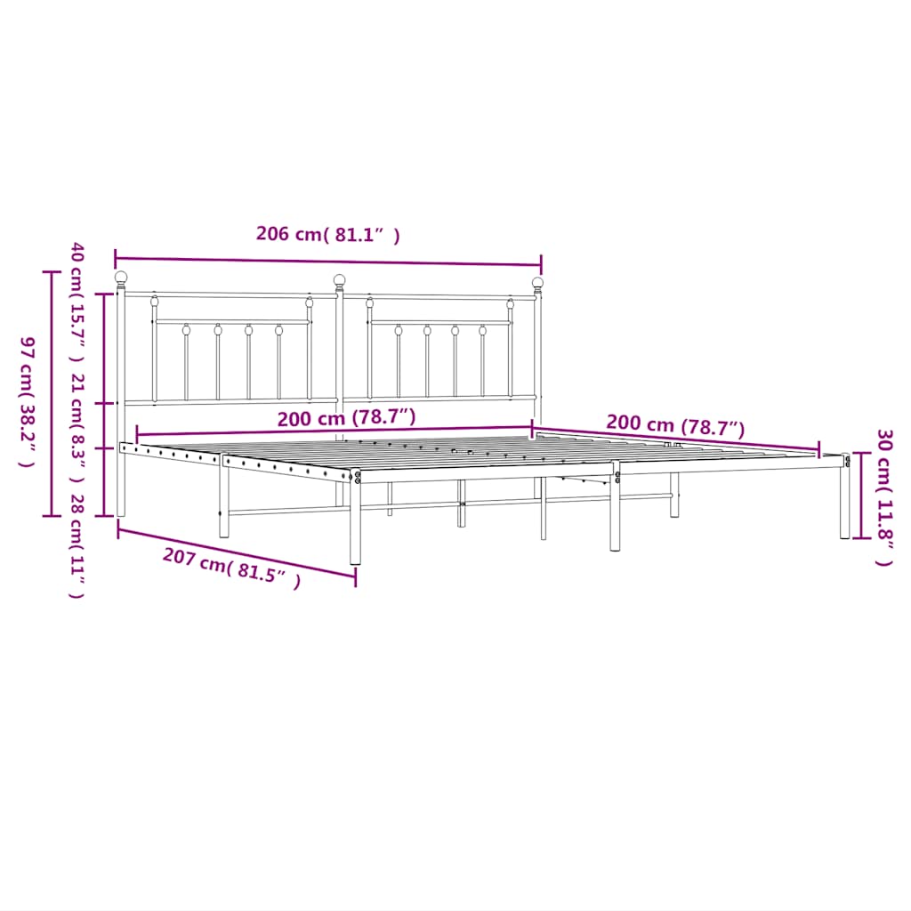 Metal Bed Frame without Mattress with Headboard White 200x200cm