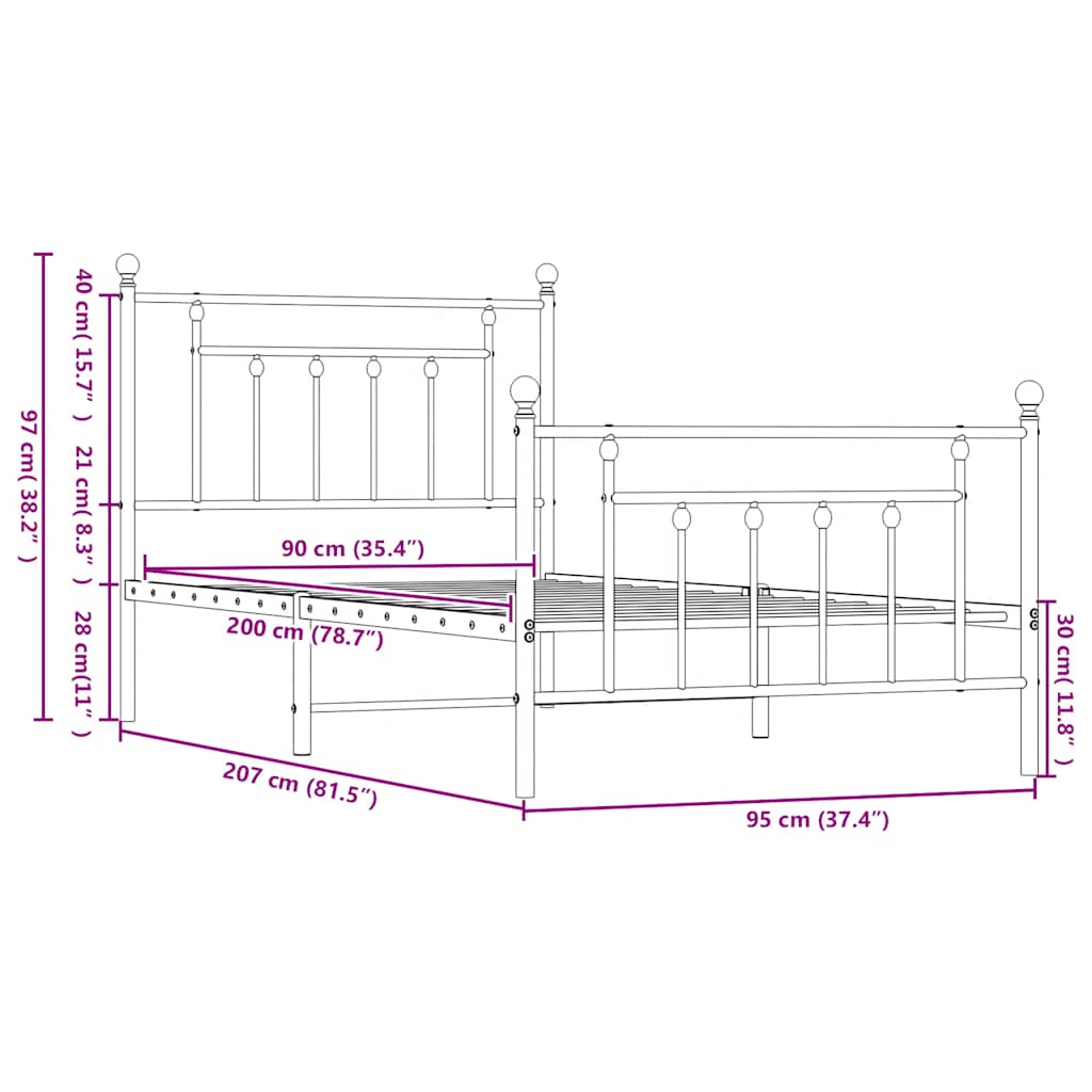 Metal Bed Frame without Mattress with Footboard White 90x200cm
