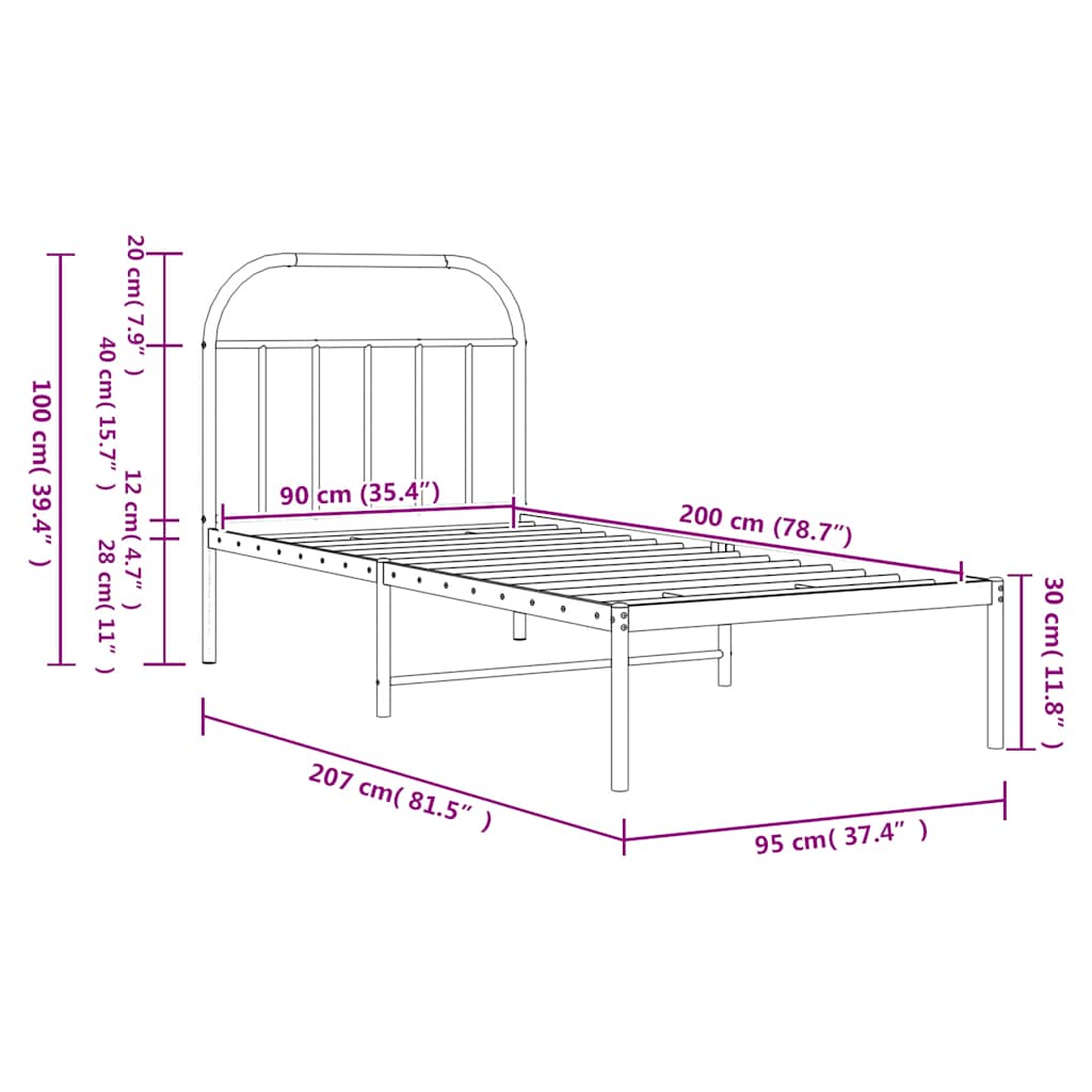 Metal Bed Frame without Mattress with Headboard Black 90x200cm