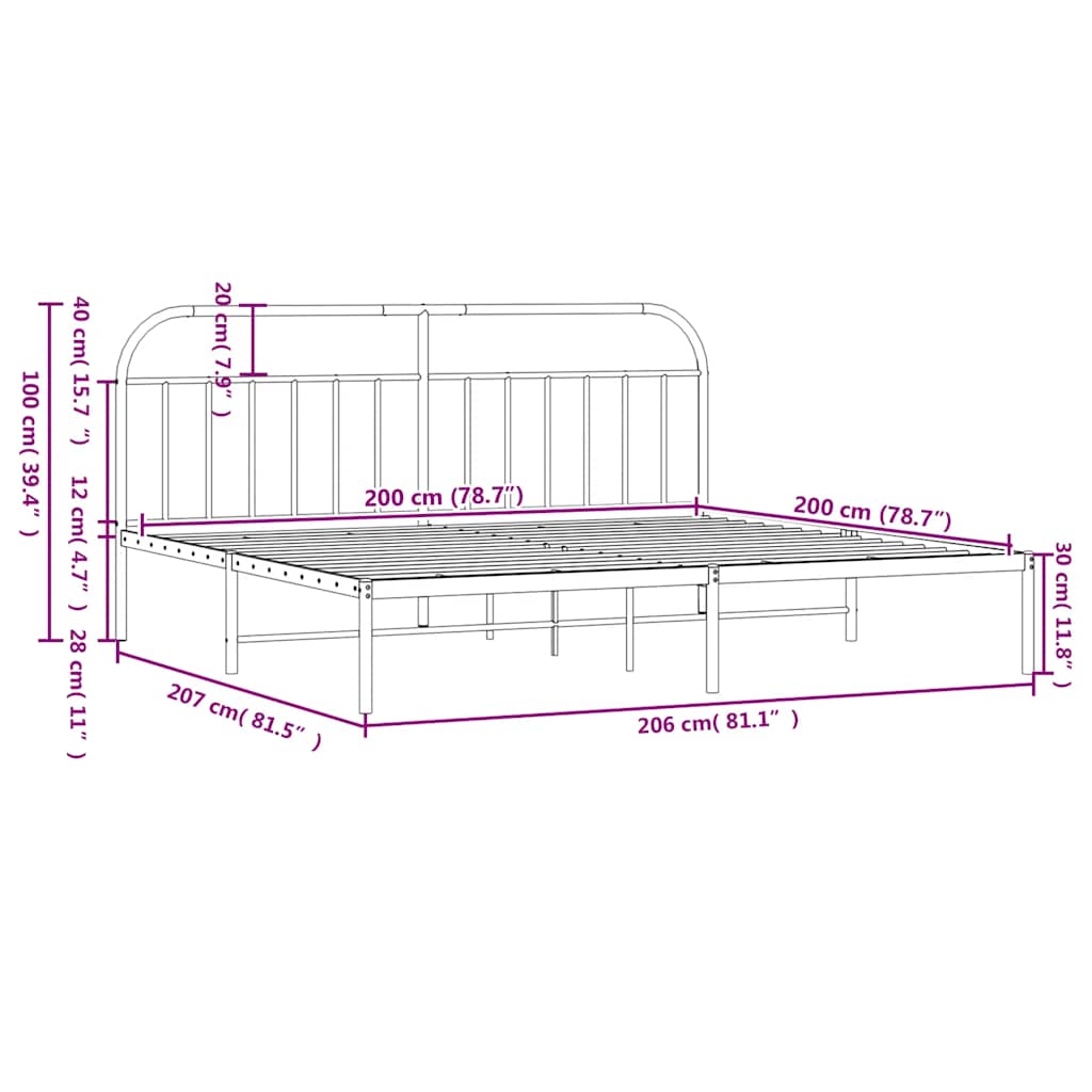 Metal Bed Frame without Mattress with Headboard Black 200x200cm