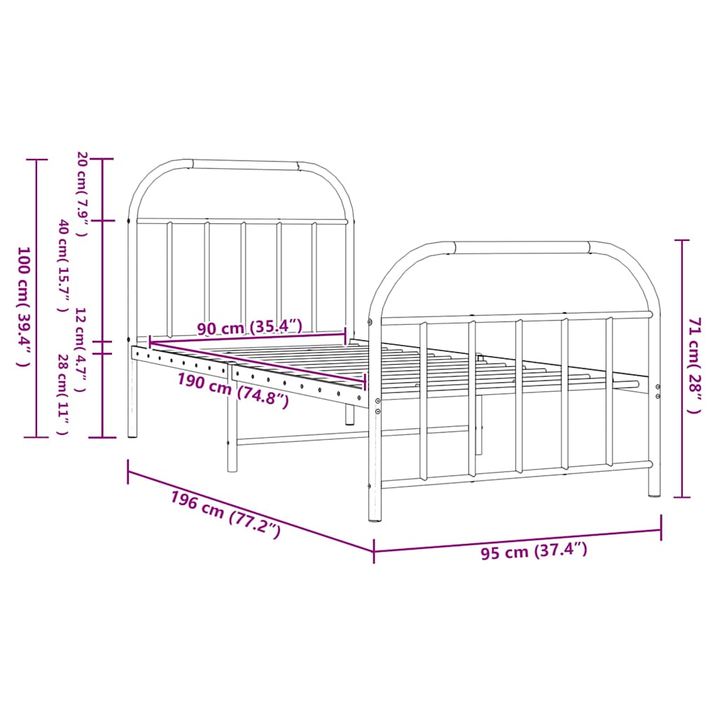 Metal Bed Frame without Mattress with Footboard Black 90x190cm