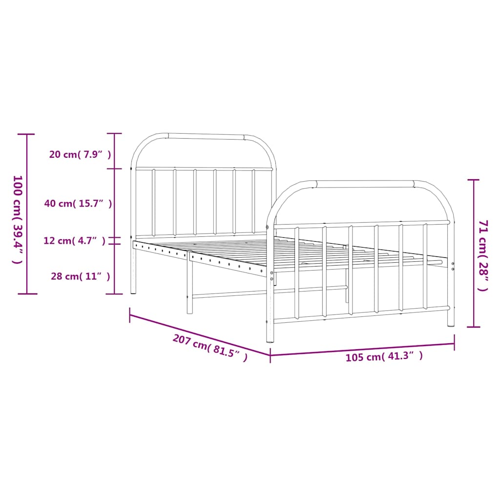 Metal Bed Frame without Mattress with Footboard Black 100x200cm