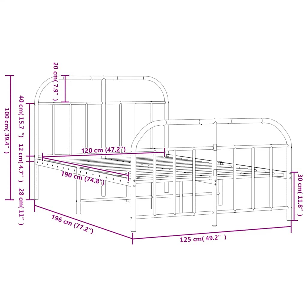 Metal Bed Frame without Mattress with Footboard Black 120x190cm