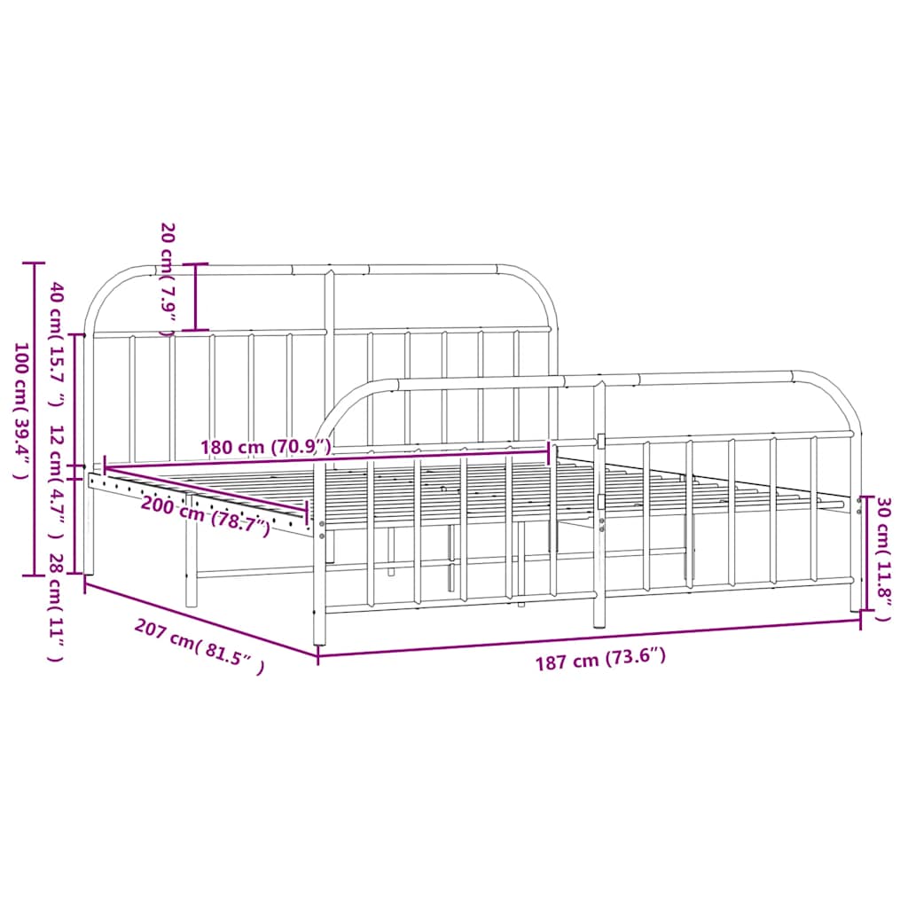 Metal Bed Frame without Mattress with Footboard Black 180x200cm
