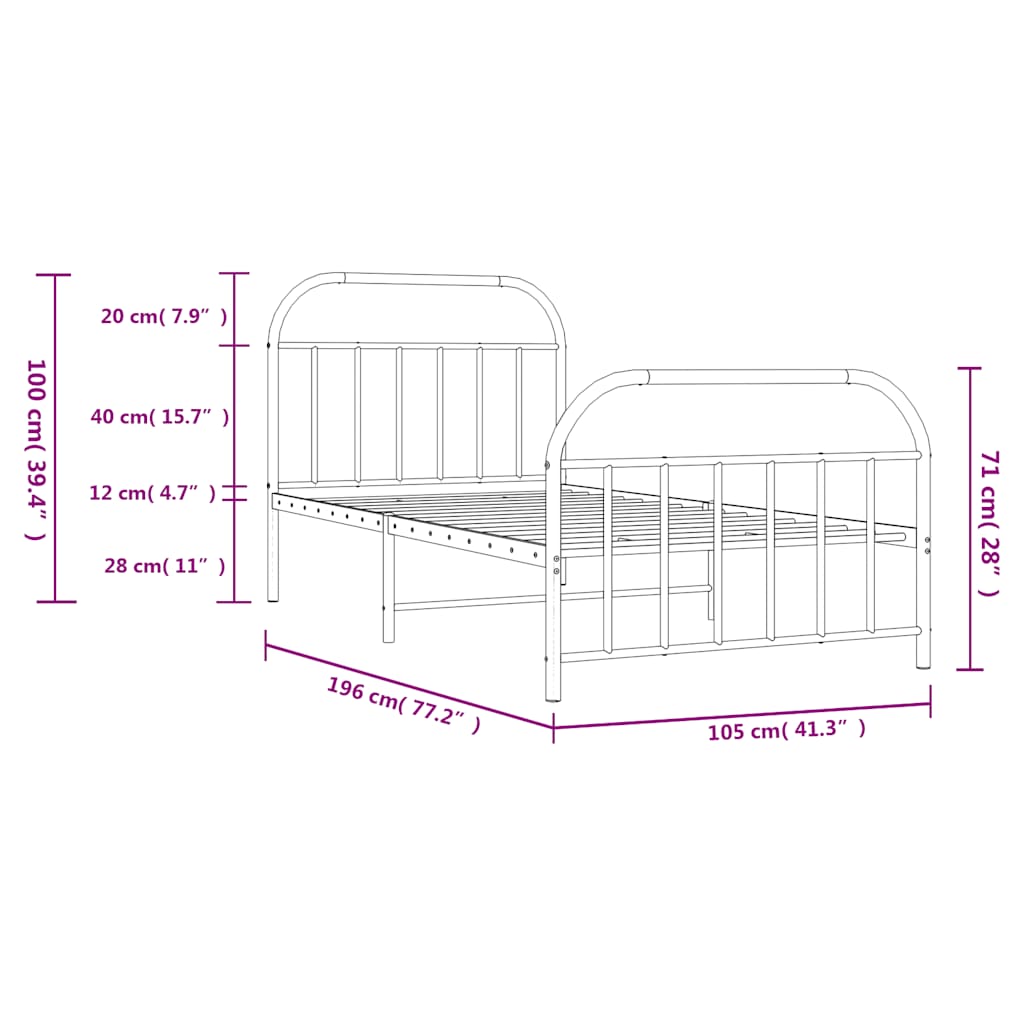 Metal Bed Frame without Mattress with Footboard White 100x190cm