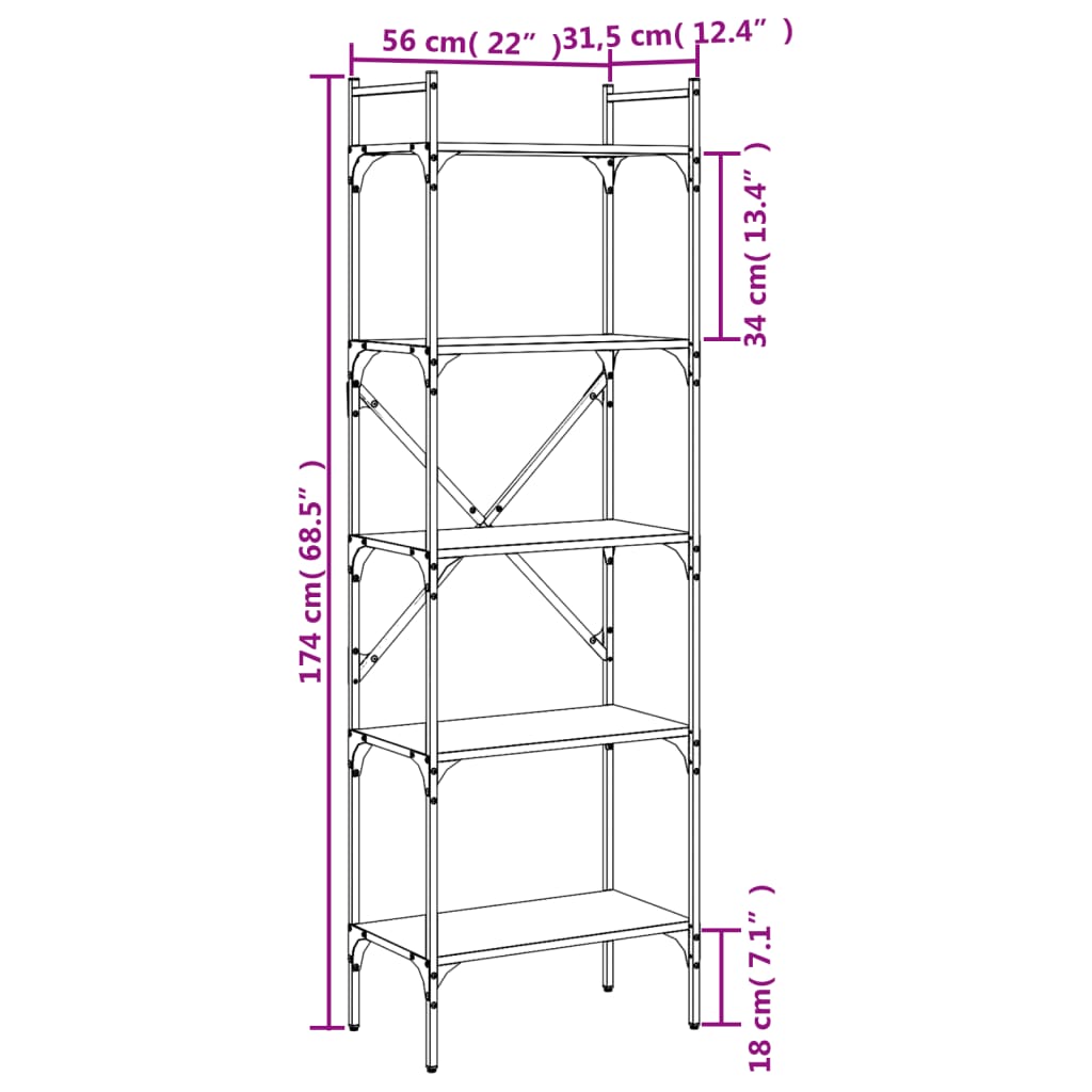 Bookcase 5-Tier Black 56x31,5x174 cm Engineered Wood