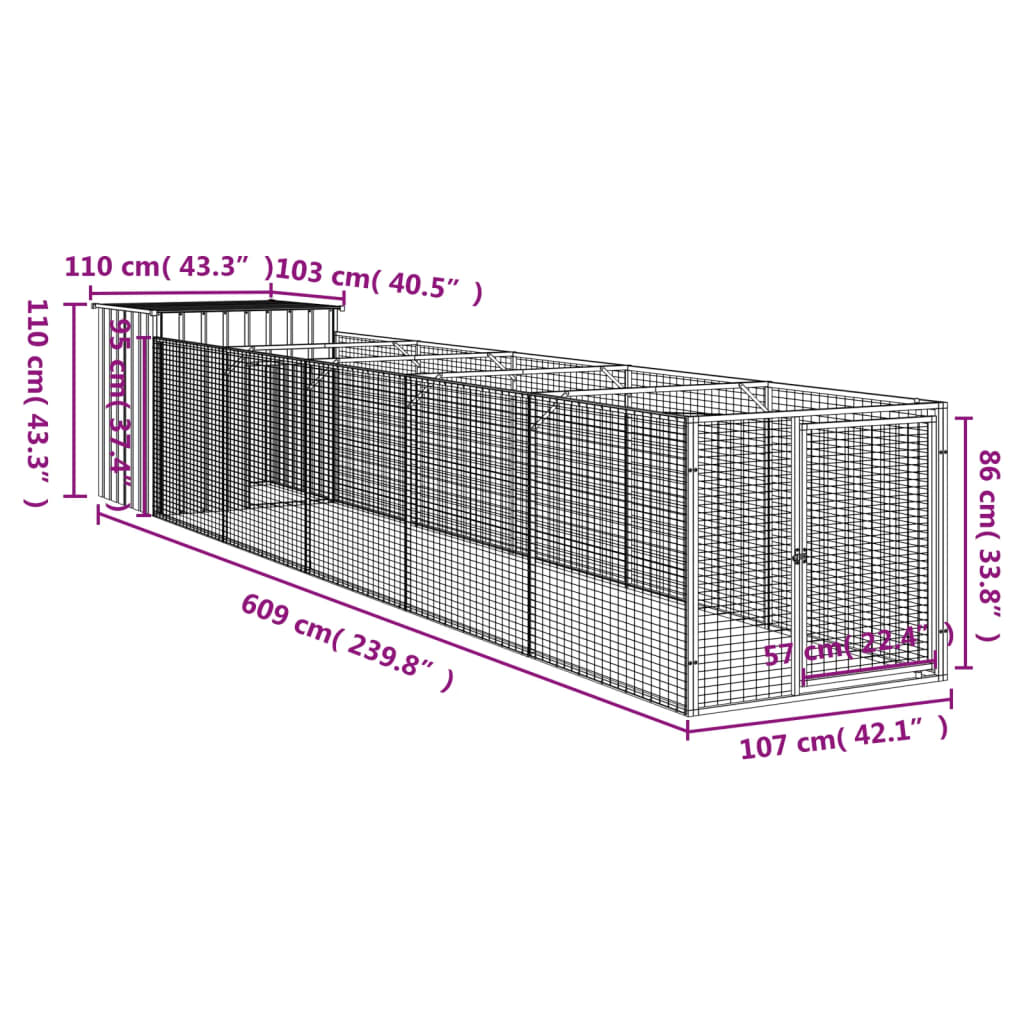 Dog House with Run Light Gray 43.3"x239.8"x43.3" Galvanized Steel