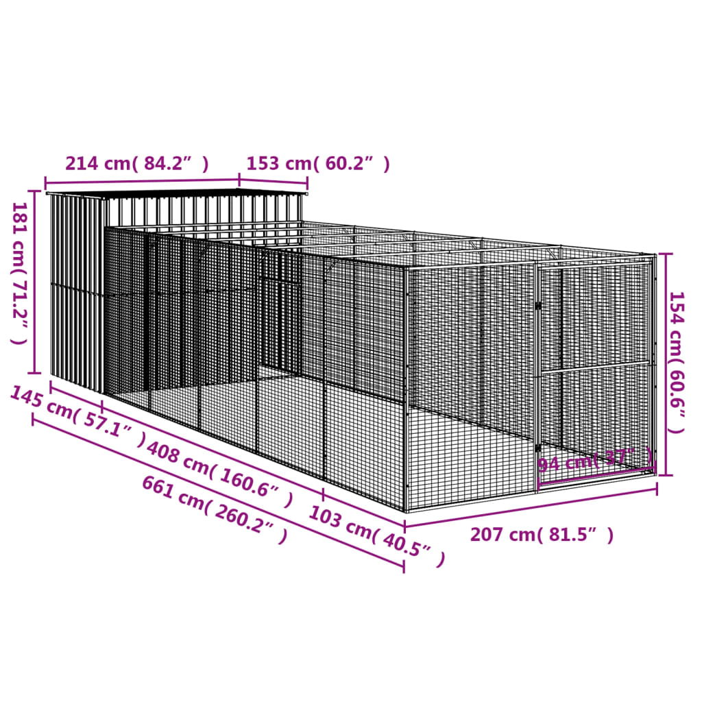 Dog House with Run Light Grey 214x661x181 cm Galvanised Steel
