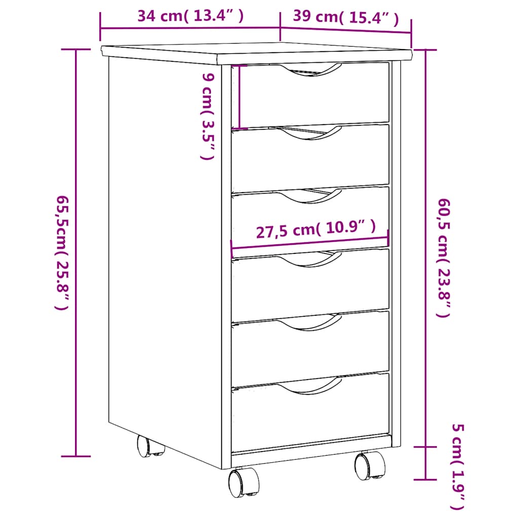 Rolling Cabinet with Drawers "MOSS" Honey Brown Solid Wood Pine
