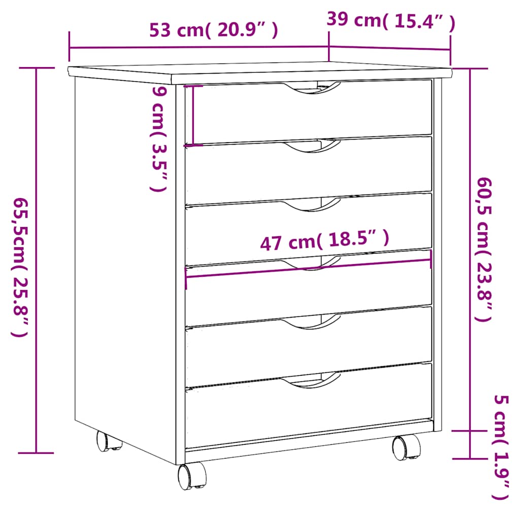 Rolling Cabinet with Drawers "MOSS" Honey Brown Solid Wood Pine