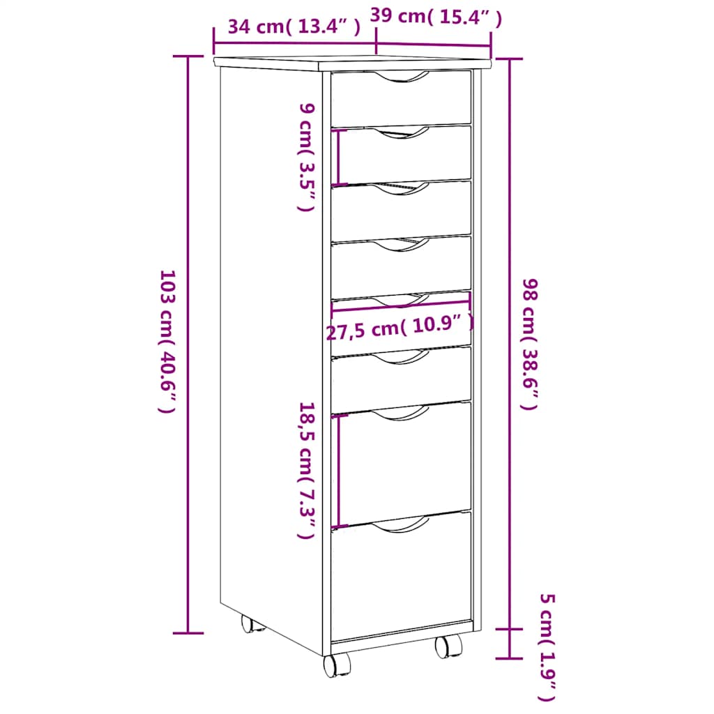 Rolling Cabinet with Drawers "MOSS" White Solid Wood Pine