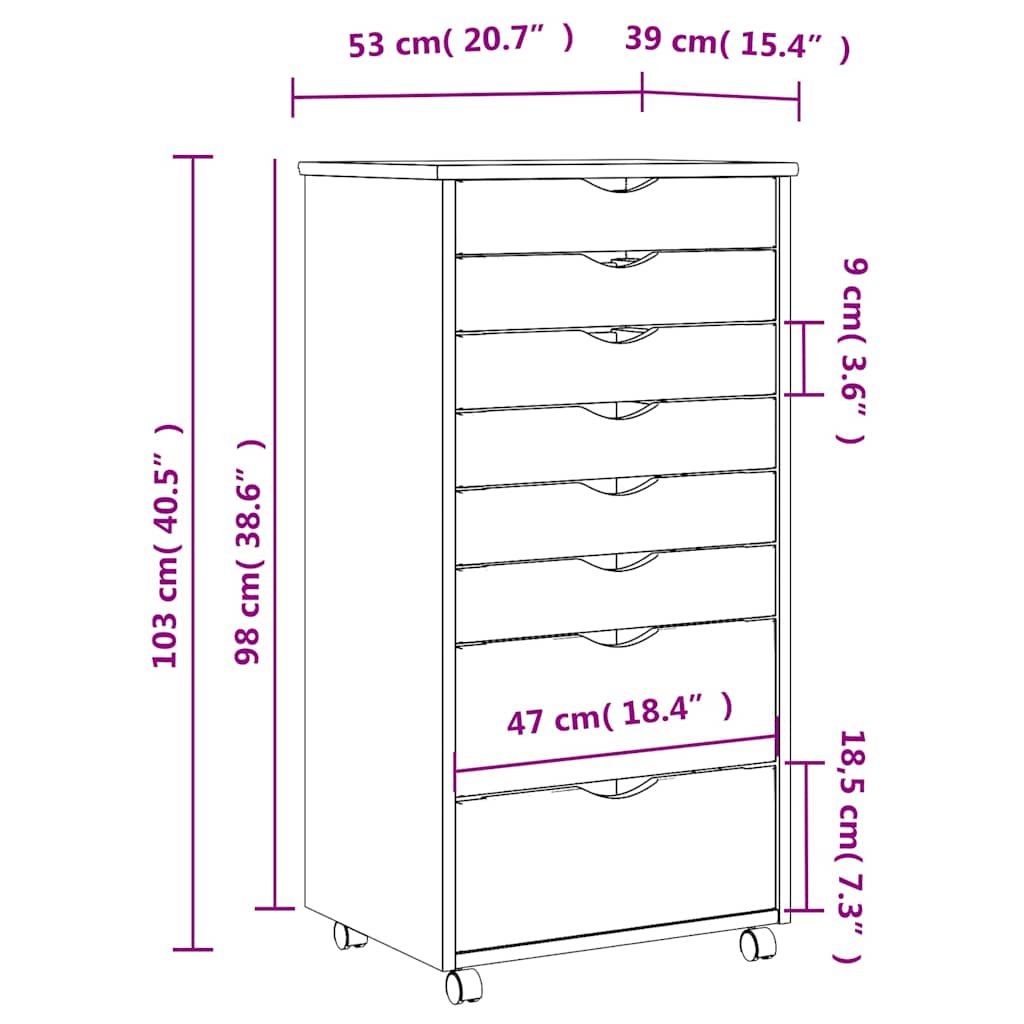 Rolling Cabinet with Drawers "MOSS" Grey Solid Wood Pine