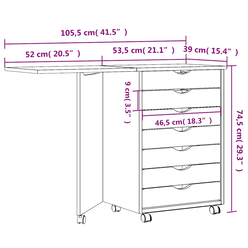 Rolling Cabinet with Desk MOSS Grey Solid Wood Pine