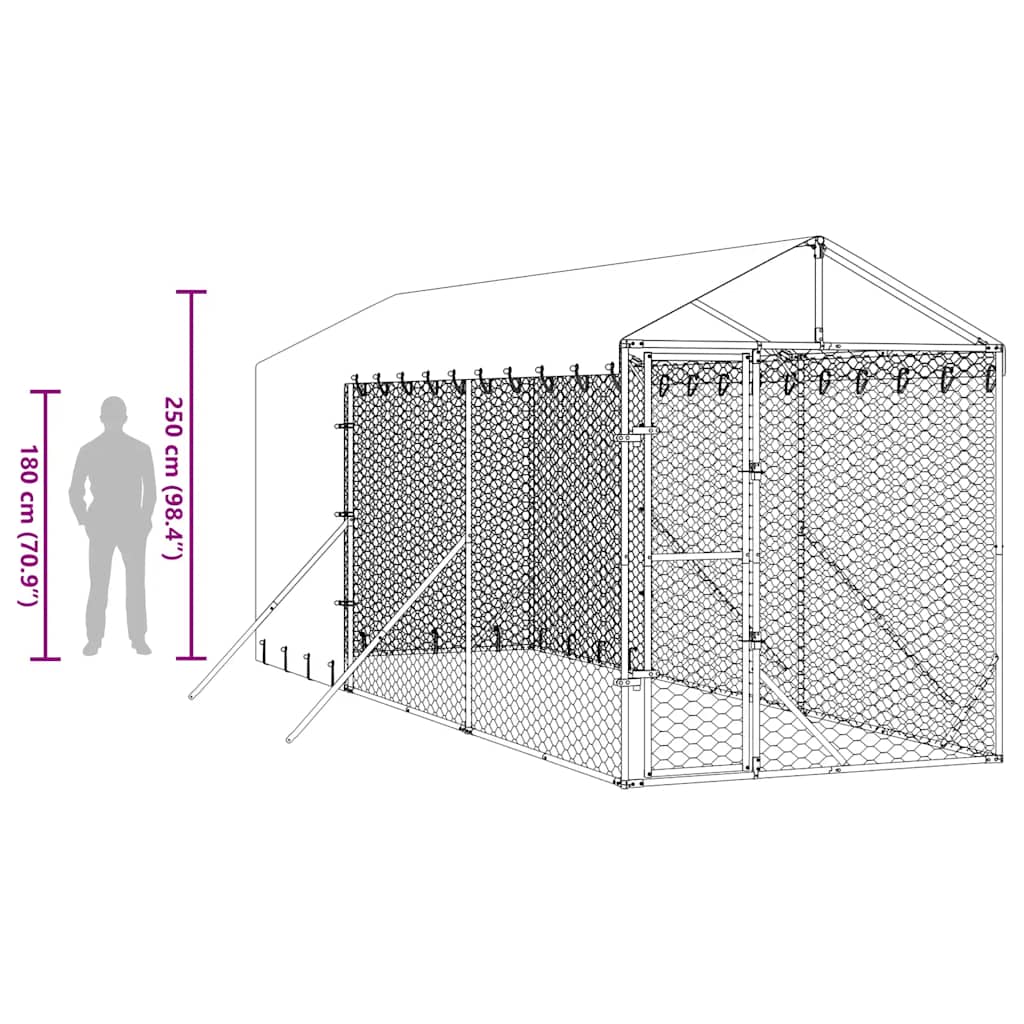 Outdoor Dog Kennel with Roof Silver 6.6‘x19.7‘x8.2‘ Galvanized Steel