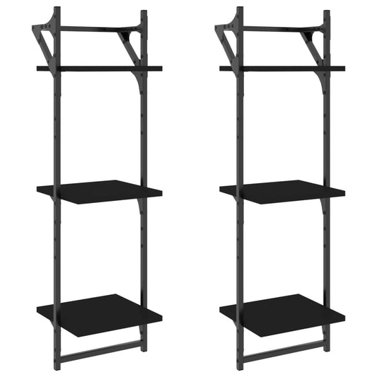 3-Tier Wall Shelves with Bars 2 pcs Black 30x25x100 cm