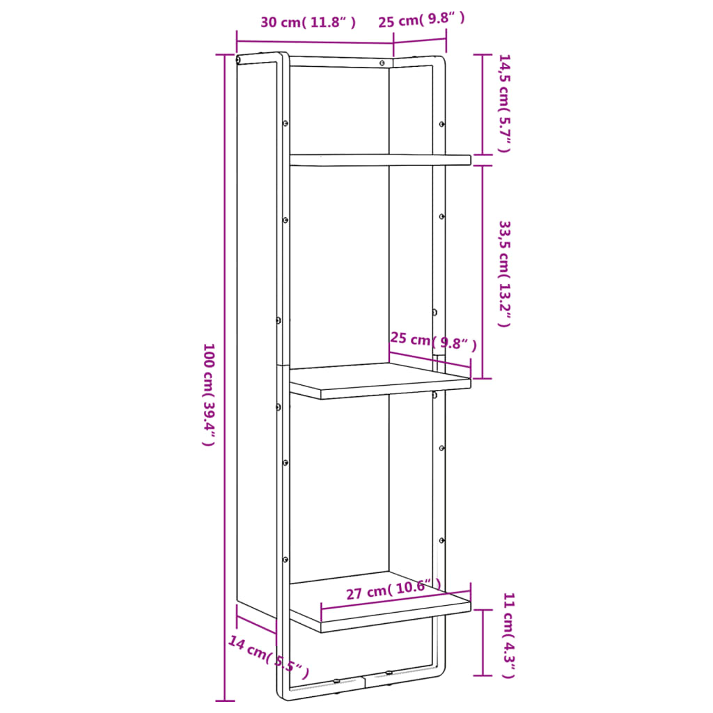 3-Tier Wall Shelf Smoked Oak 30x25x100 cm Engineered Wood