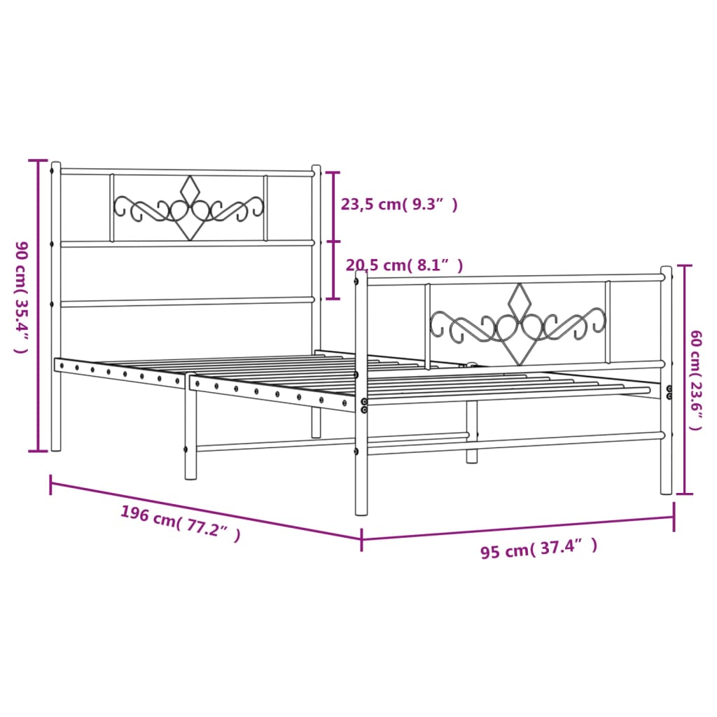 Metal Bed Frame without Mattress with Footboard Black 90x190cm