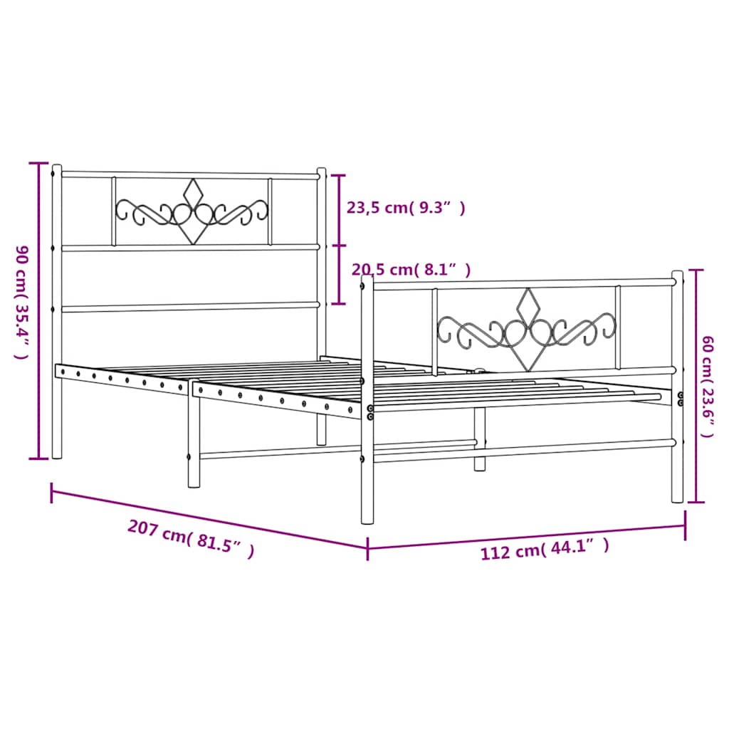 Metal Bed Frame without Mattress with Footboard Black 107x203cm