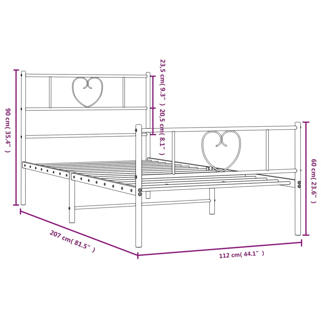 Metal Bed Frame without Mattress with Footboard White 107x203cm