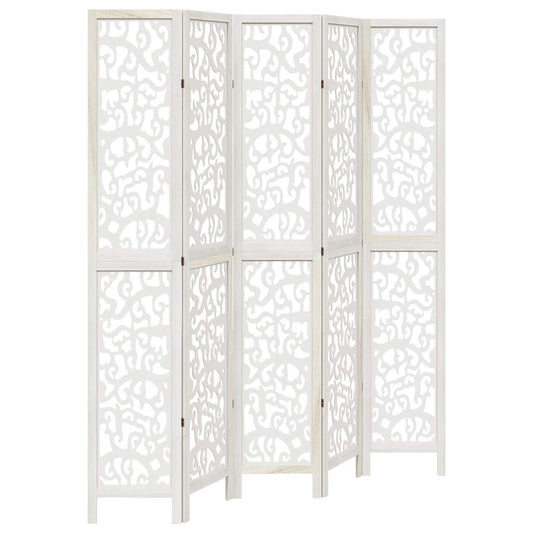 Room Divider 5 Panels White Solid Wood Paulownia