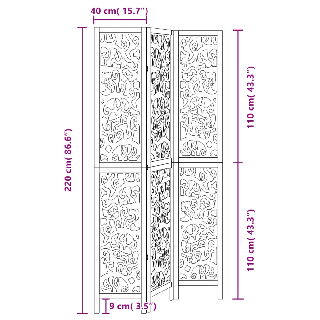 Room Divider 3 Panels Black Solid Wood Paulownia