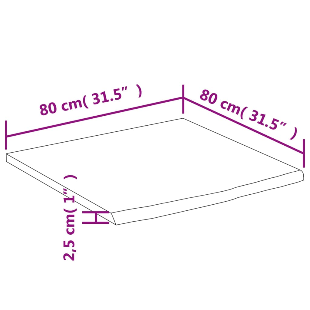 Desk Top 80x80x2.5 cm Square Solid Wood Acacia Live Edge