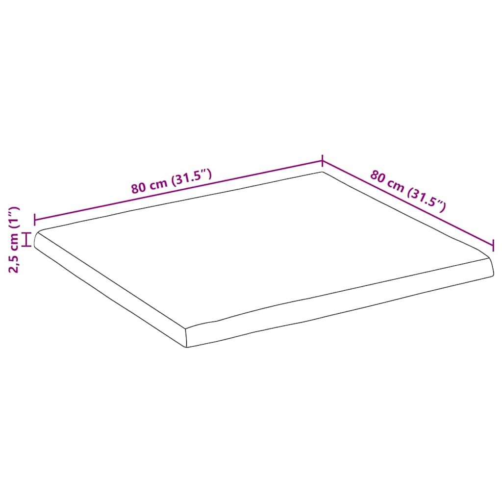 Table Top 80x80x2.5 cm Rectangular Solid Wood Acacia Live Edge
